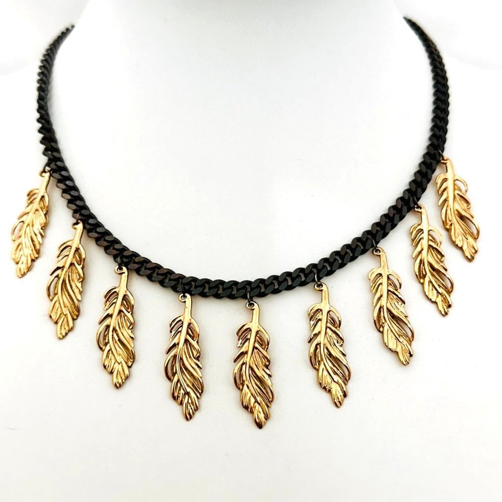 Stella & Dot Boho Necklace w/Black Chain and Gold Feather/Leaf Dangles